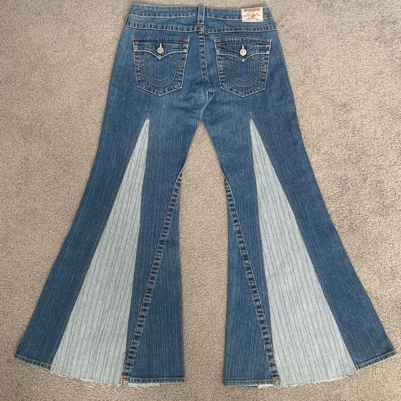 Custom Reworked True Religion Embroidered Flare Blue Jeans - Picture 2 of 7